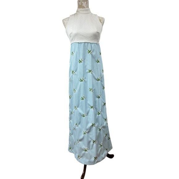 Vintage 70s Size Small Blue Gingham High Neck Sleeveless Maxi Dress Embroidered - Picture 1 of 9